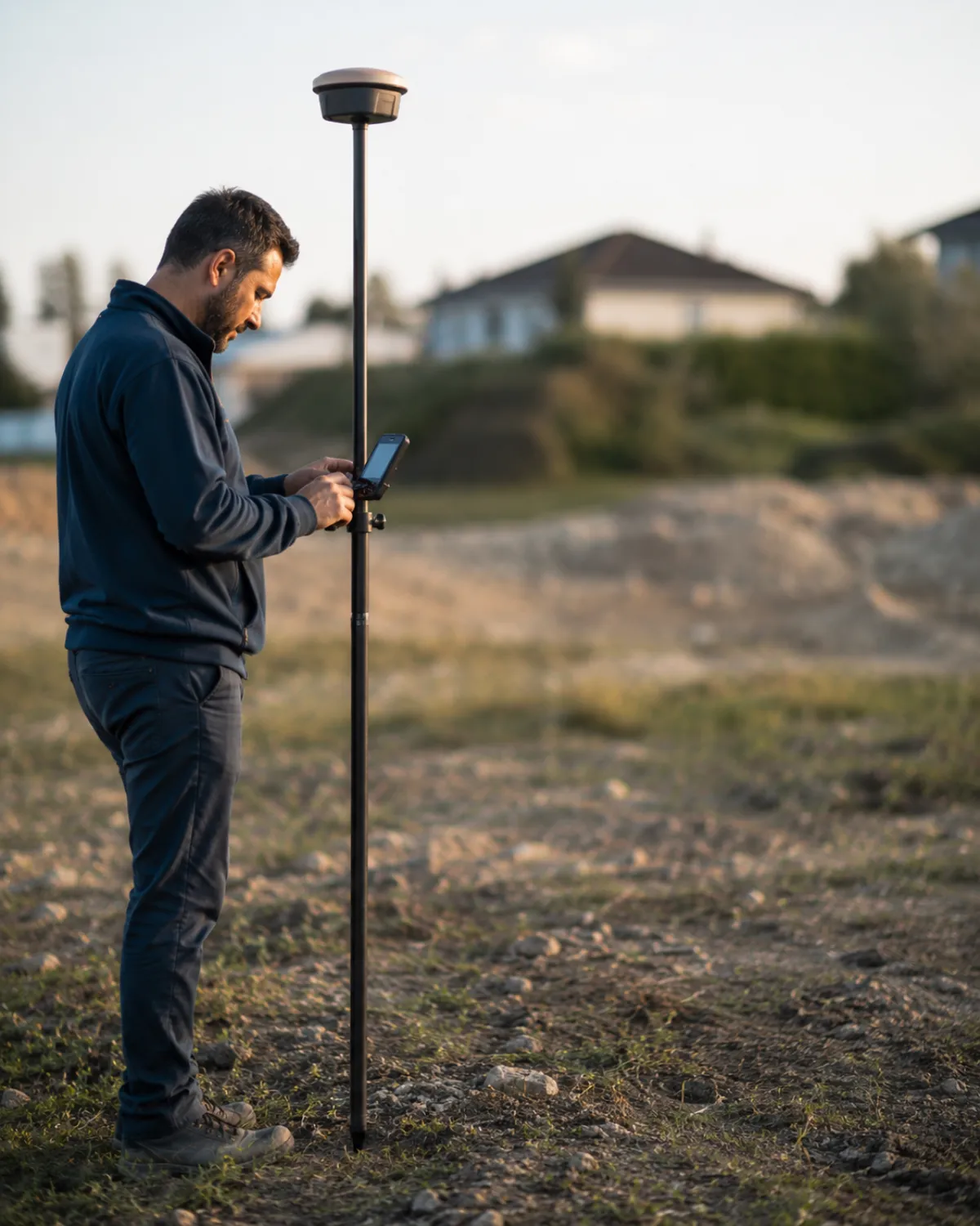 Topographe relevant des points avec une canne GNSS sur un terrain à bâtir