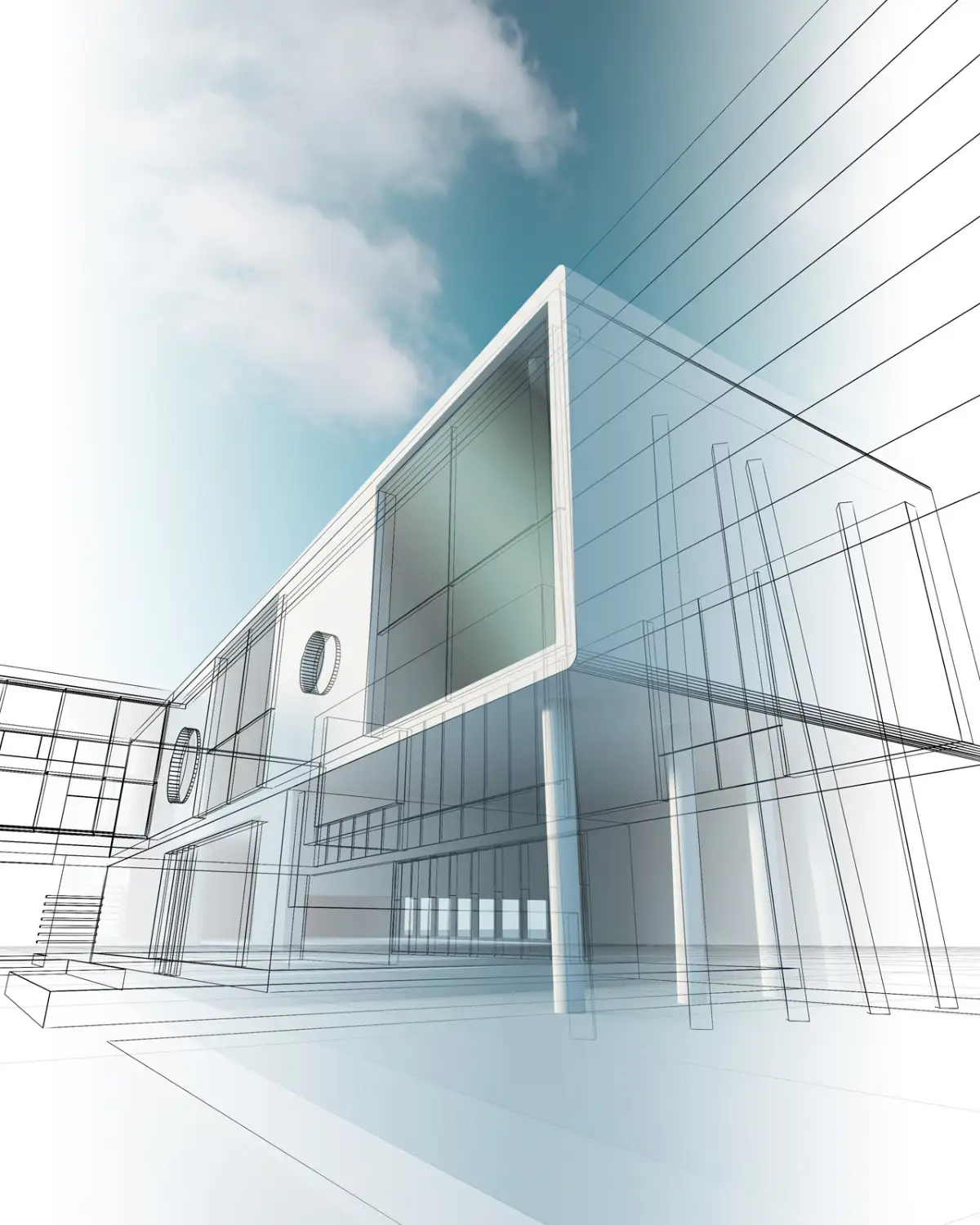 Perspective filaire d'un bâtiment, esquisse de conception d'architecte