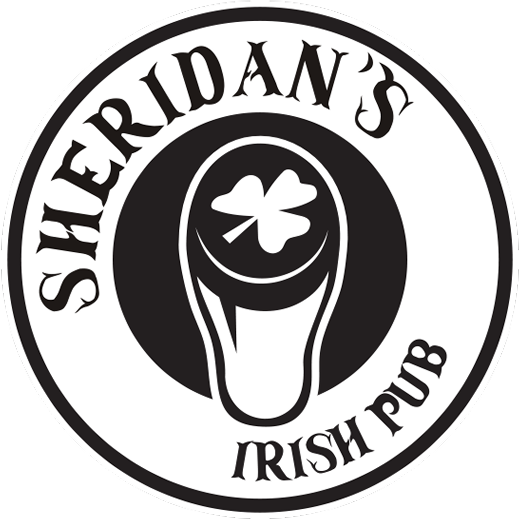 Logotipo preto e branco de um pub irlandês com um copo de bebida e um trevo de quatro folhas.