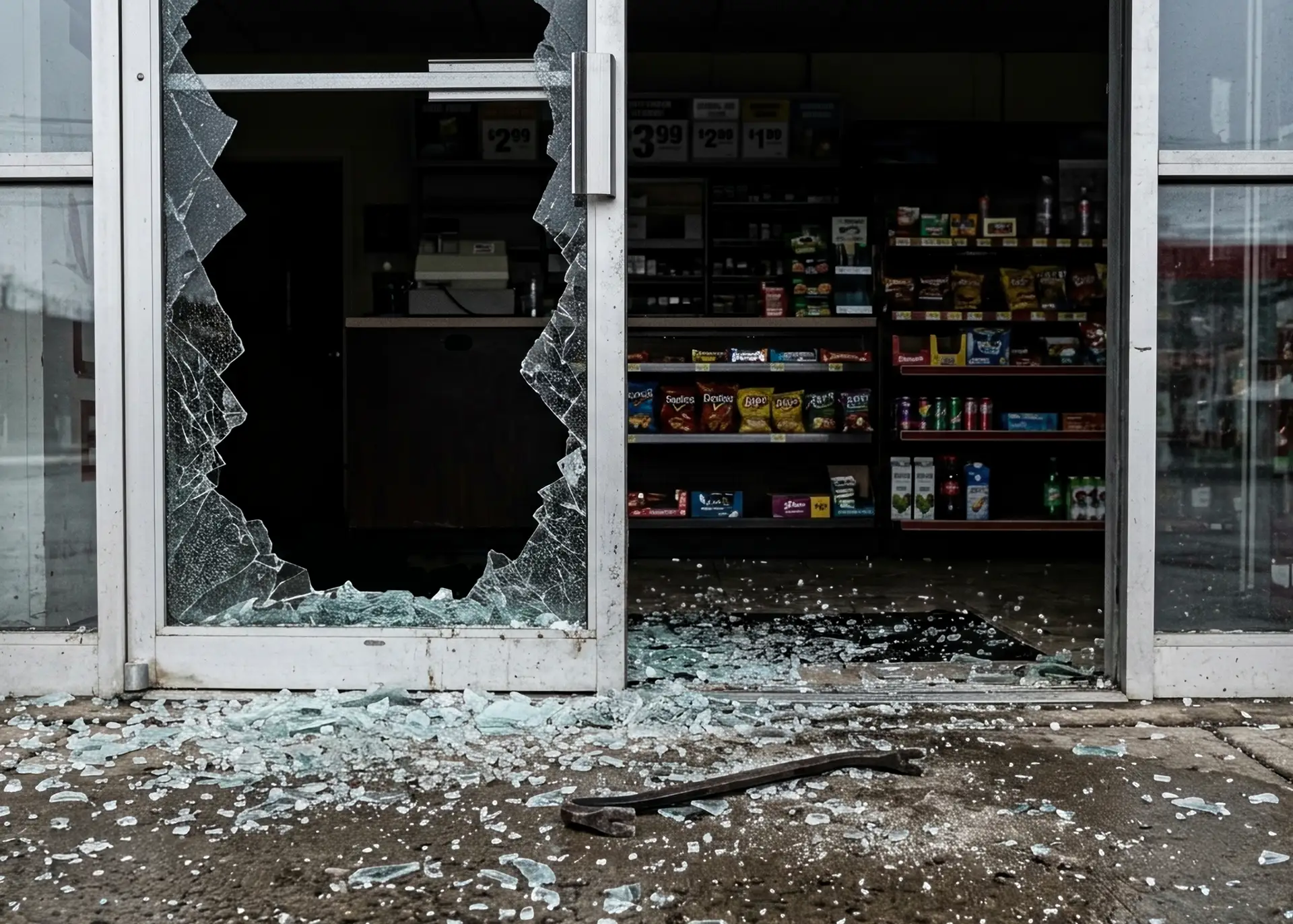 A shattered storefront window is scattered across the sidewalk of a convenience store, with a pry bar left on the ground near the broken glass.