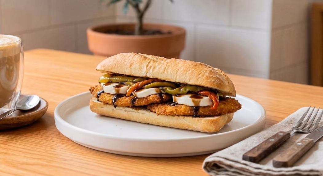 The OG (Chicken cutlet, long hot peppers, fresh mozzarella, and balsamic glaze)
