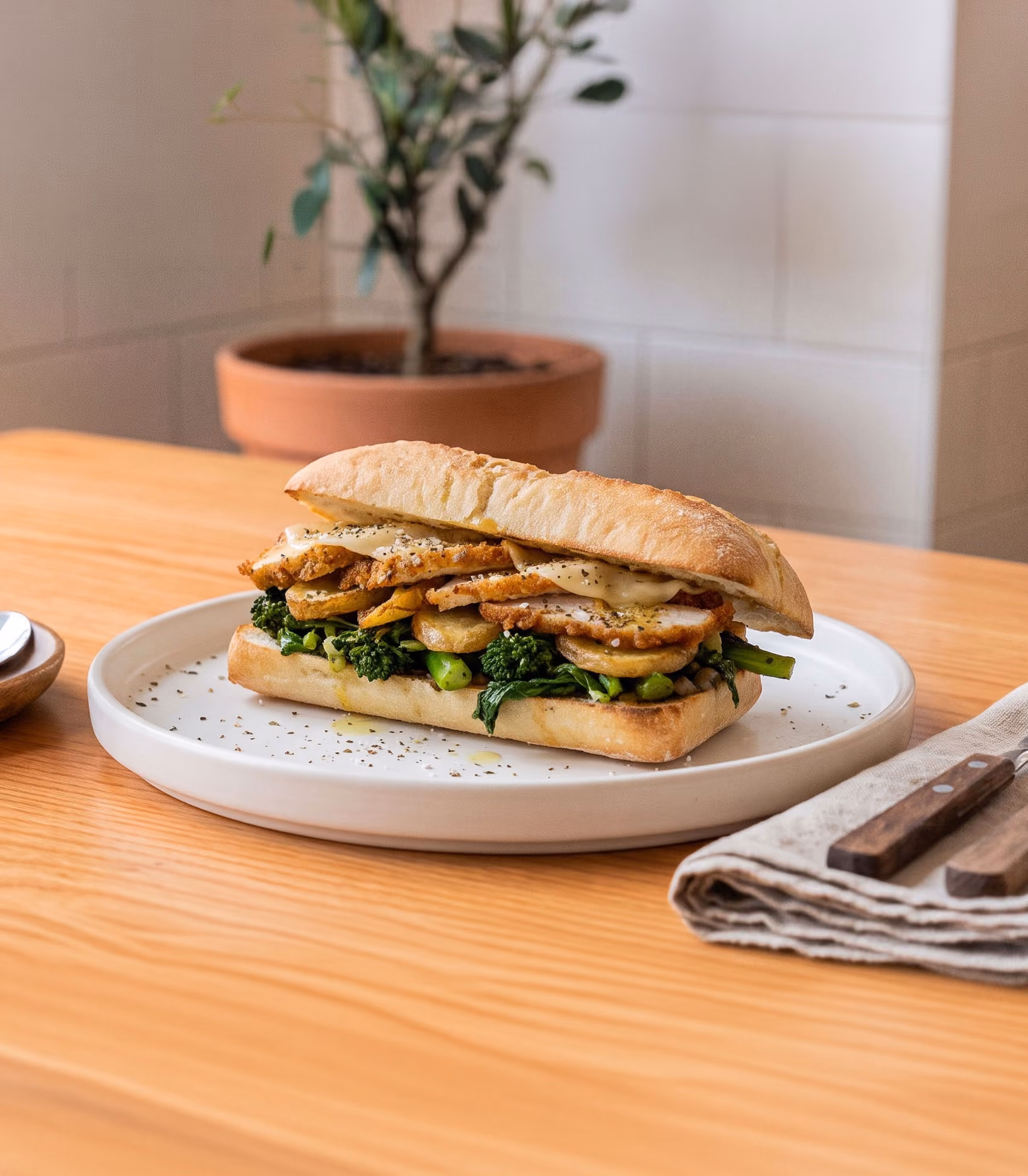 The Big Mama (Chicken cutlet, broccoli rabe, sliced fried potatoes, provolone, EVOO, vinegar, salt, pepper, and oregano)