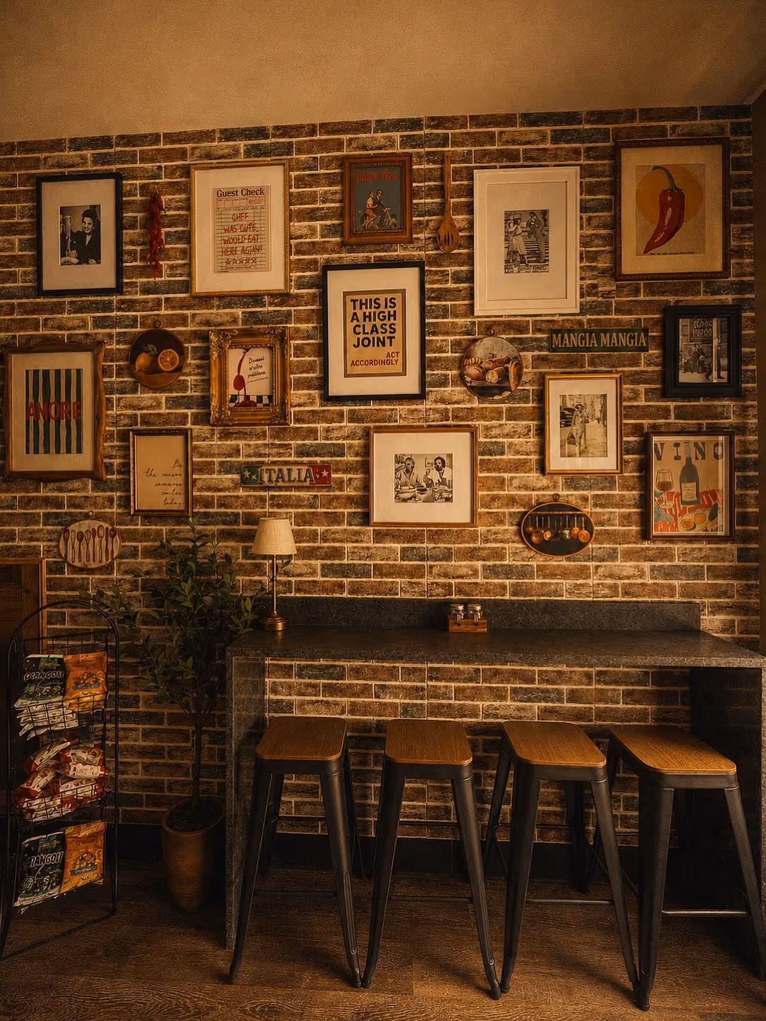 Cozy deli corner with brick wall, framed art, four stools, and a snack rack beside a tall plant.