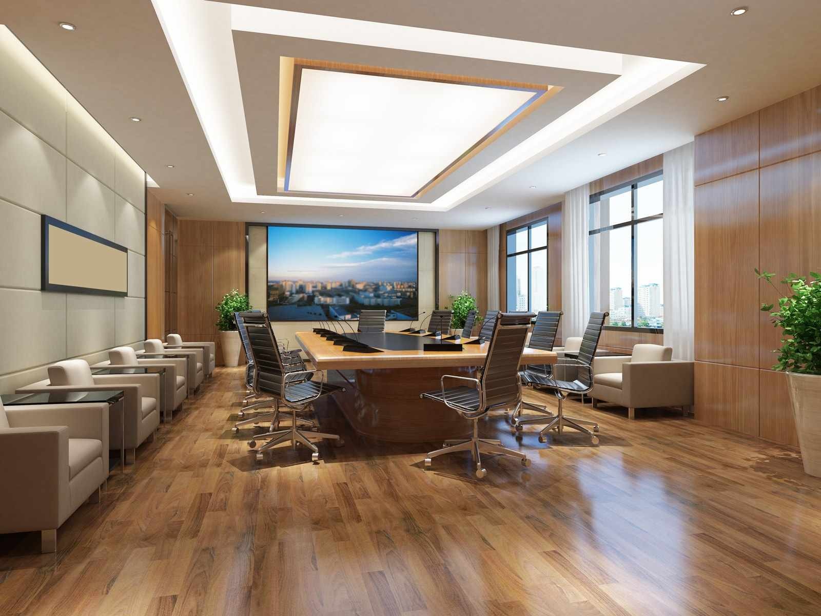 Modern conference room with integrated video display