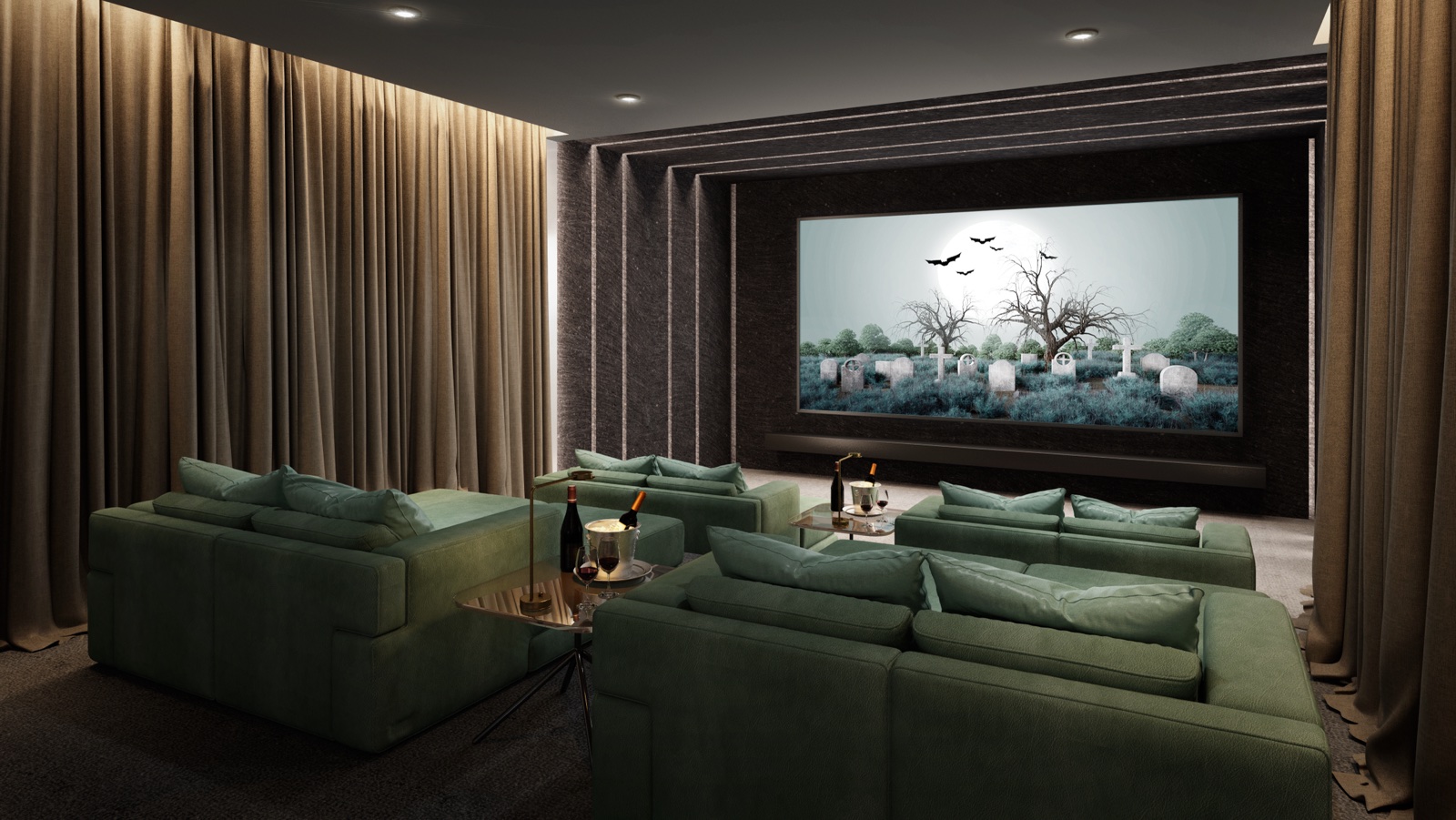 Luxury home theater with a large screen and lounge seating