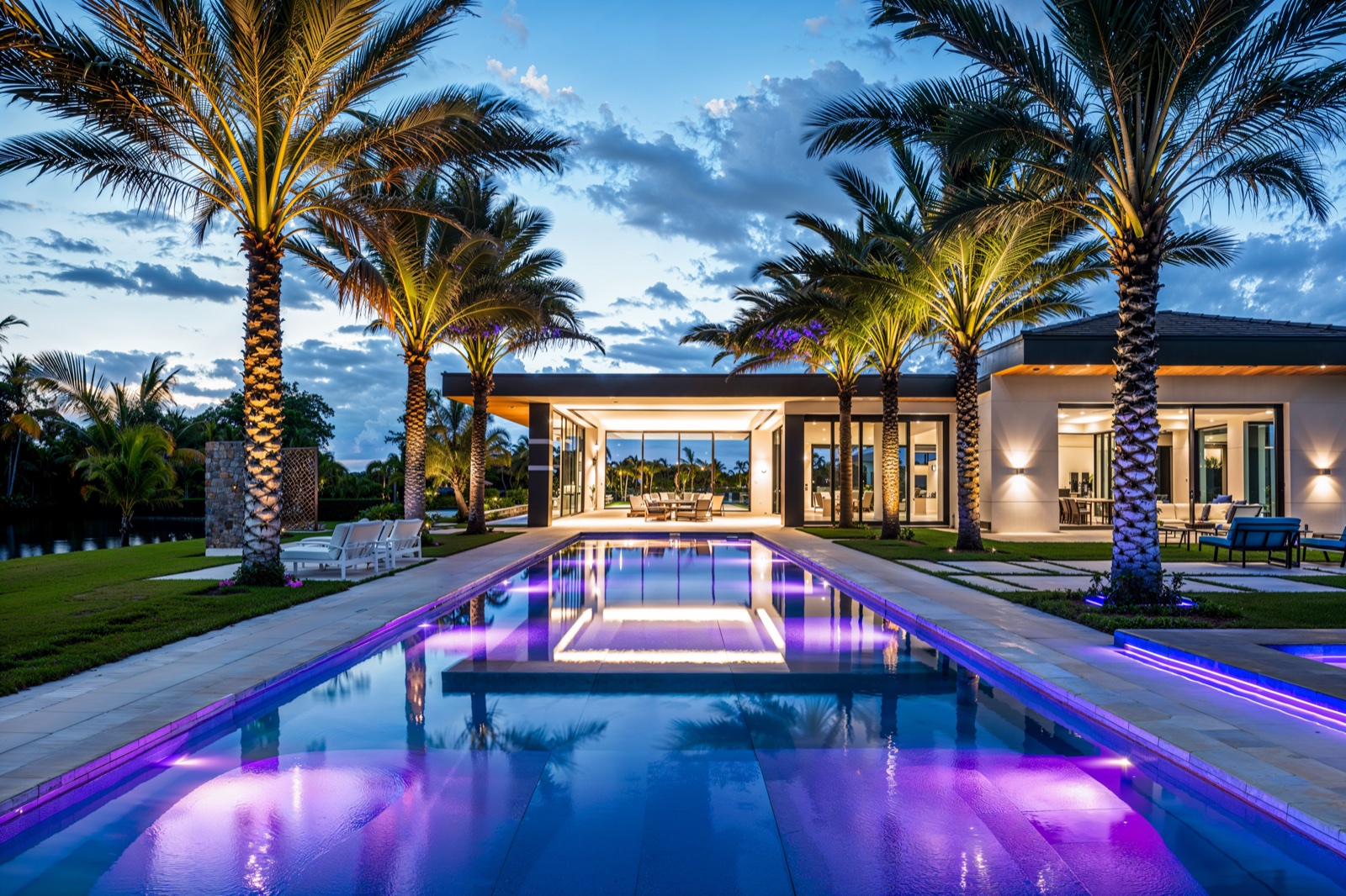 Modern Southwest Florida home with illuminated palms, architectural lighting, and pool lighting at dusk