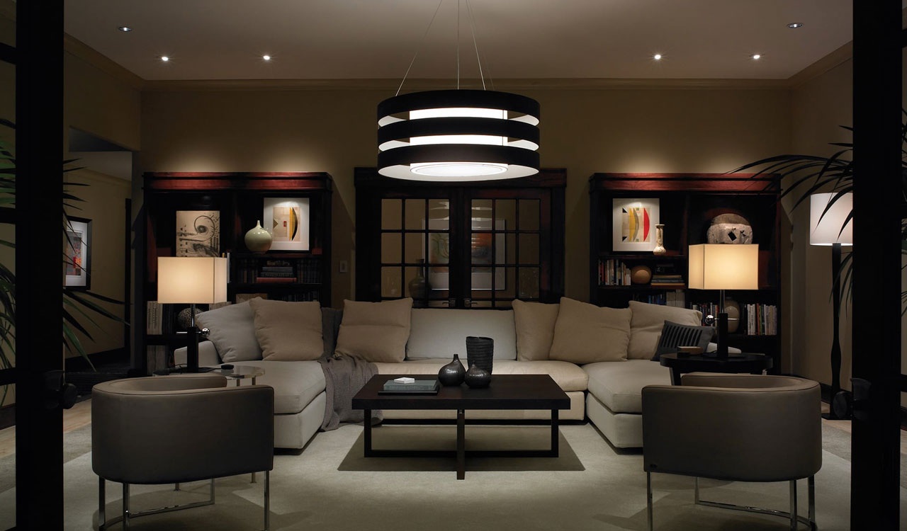 Warmly lit living room with intelligent lighting