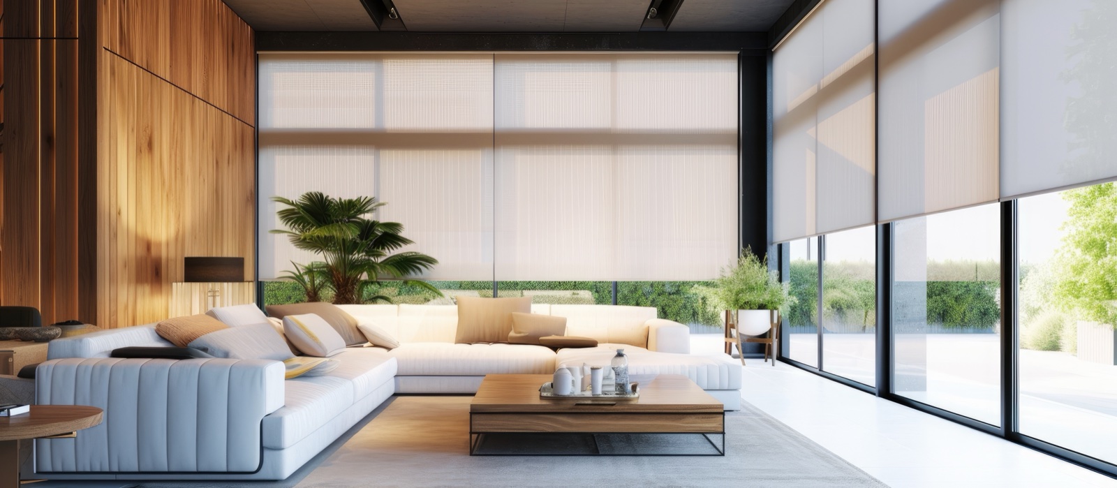 Motorized roller shades filtering sunlight across floor-to-ceiling windows