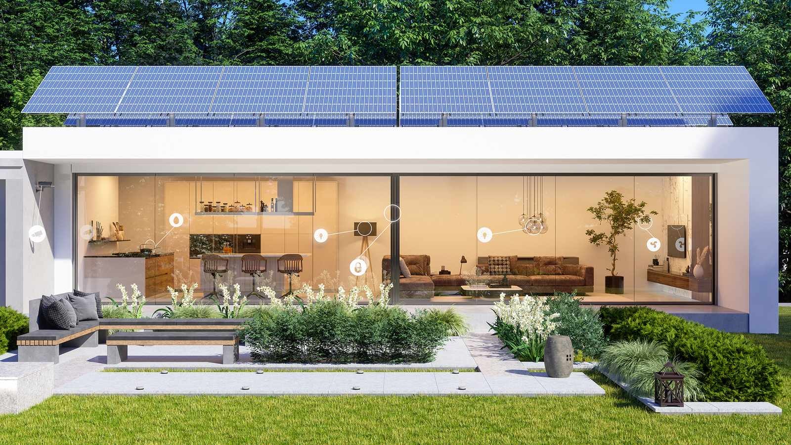 Modern home at dusk with technology systems monitored remotely