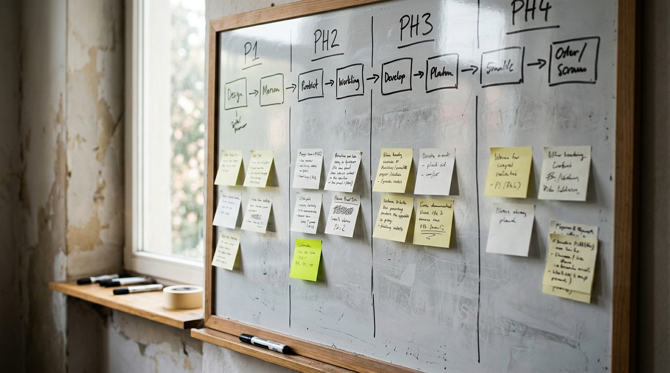 Project plan mapped across four phases on a whiteboard