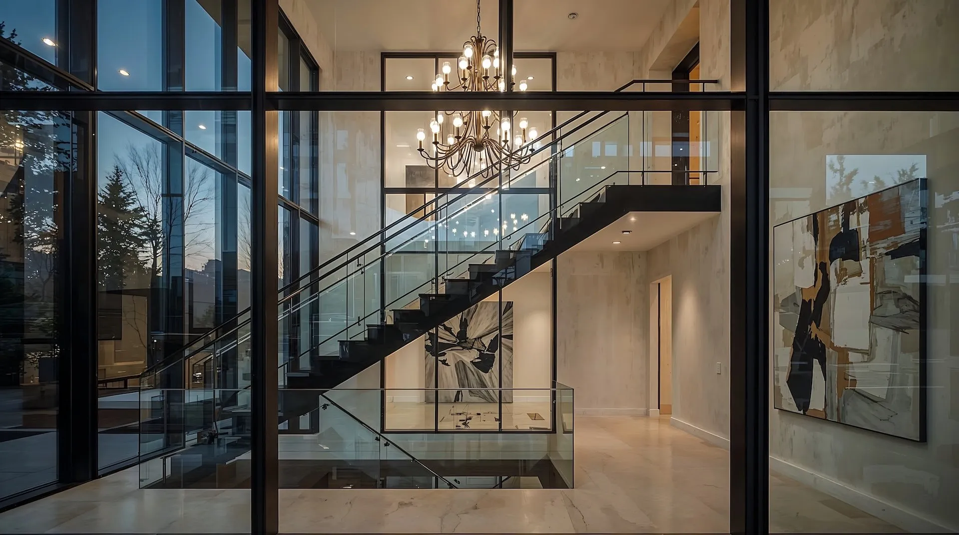 Modern minimalist interior with floating glass staircase, abstract paintings, and a large chandelier.