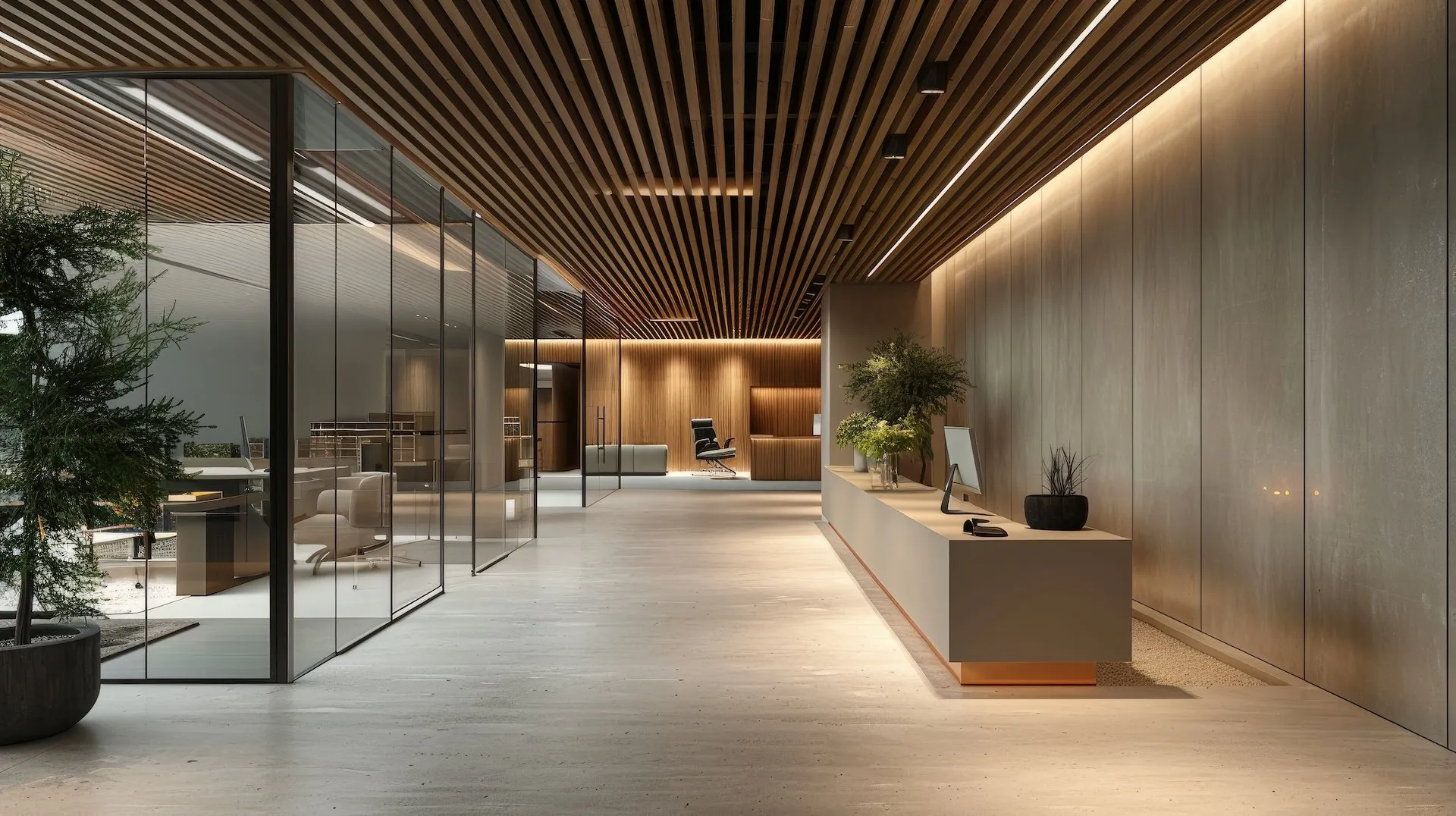Modern office lobby with glass-walled meeting rooms, wooden slatted ceiling, minimalist reception desk, and potted plants.