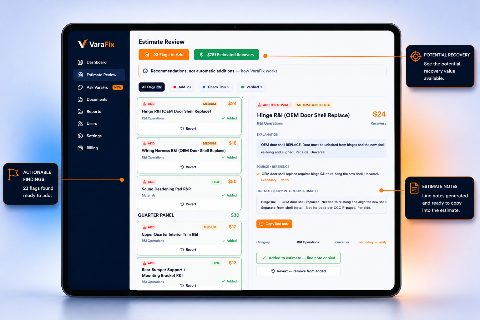 VaraFix estimate review showing missed operations, supporting documentation and money found