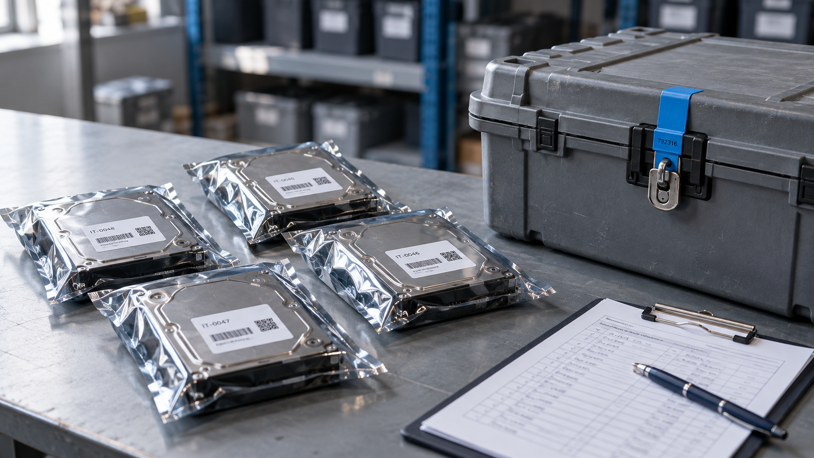 Discos inventariados en bolsas antiestáticas junto a un contenedor sellado