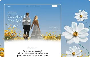 Wedding invitation with couple holding hands in field and white flowers on blue sky background.