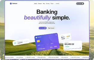Home page of a banking site showing a purple Visa card and account balance on a rolling green hills background.
