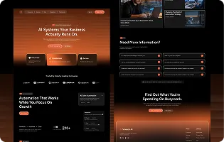 Website homepage showing AI business systems, automation features, and customer testimonials with dark and orange theme.