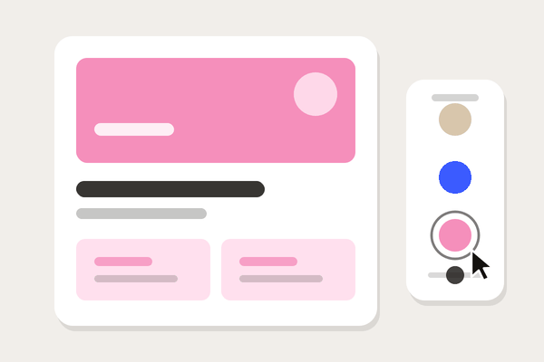 UI screen with color options showing pink selected by cursor from a vertical color picker panel.