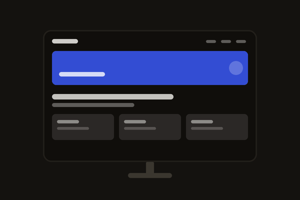 Dark computer monitor screen with blue header and gray text blocks representing a user interface.