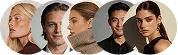 Five young adults posing with neutral expressions against a simple beige background.