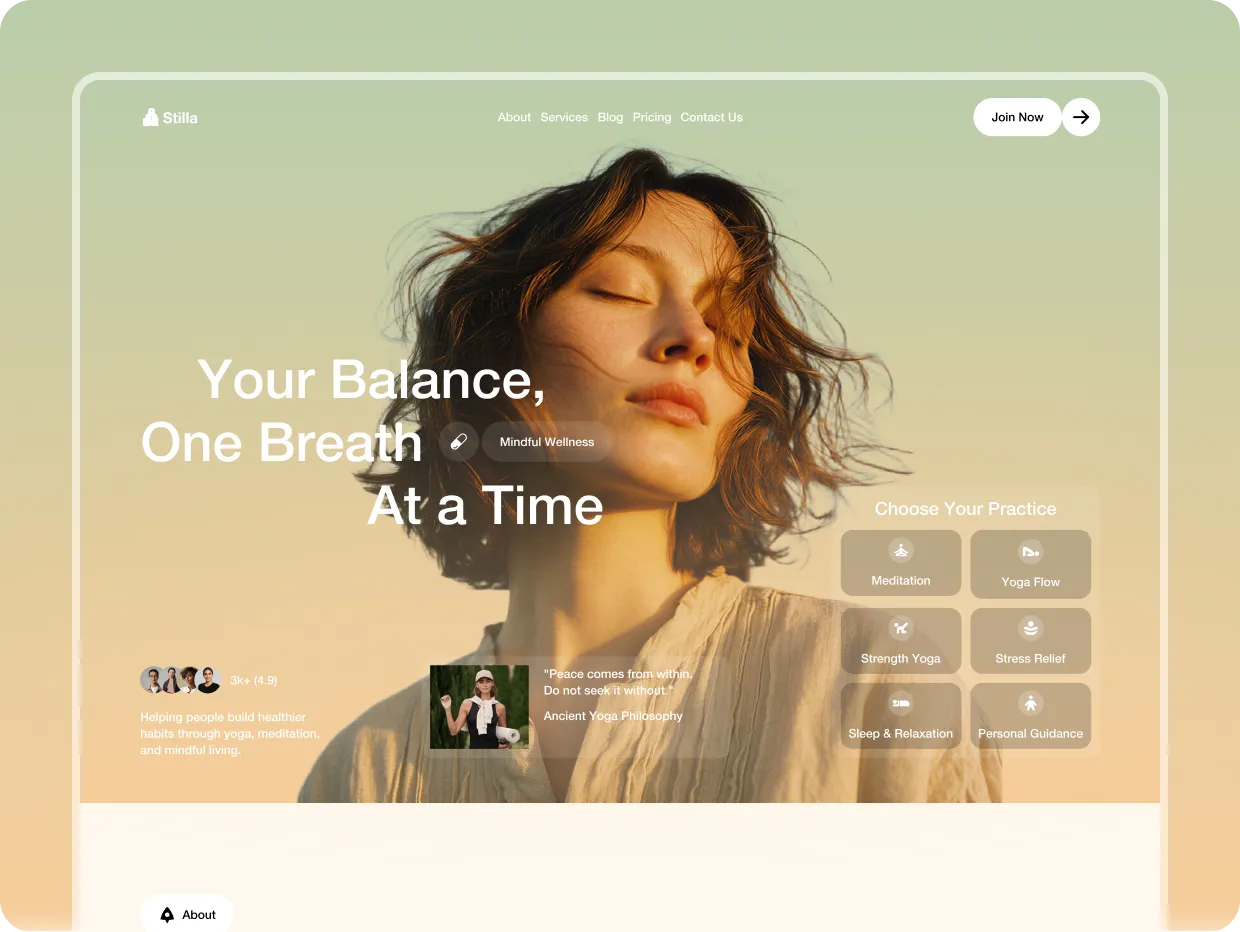 Young woman with closed eyes meditating in soft sunlight with wellness website interface overlay.