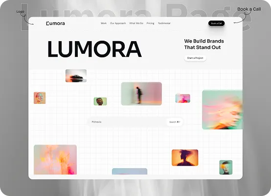 Website homepage for Lumora with brand images and text saying We Build Brands That Stand Out.