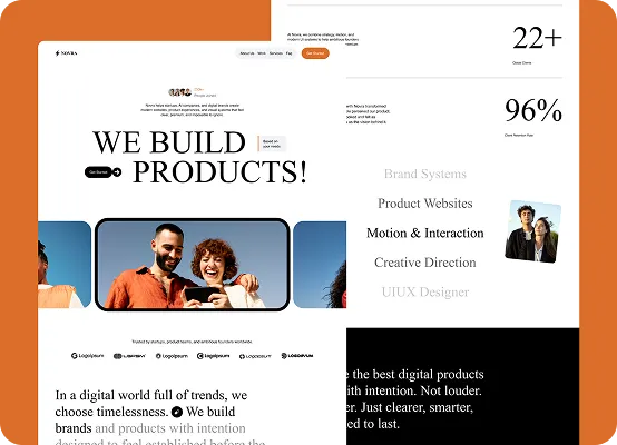 Website section showing 'We Build Products!' with statistics, services, and two people smiling at a phone.