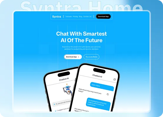 Website homepage showing AI chatbot interface on two phones with text about smart AI assistant.