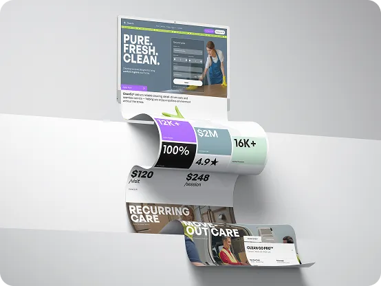 Two desktop screens showing text about turning SaaS traffic into predictable revenue on a gray platform.