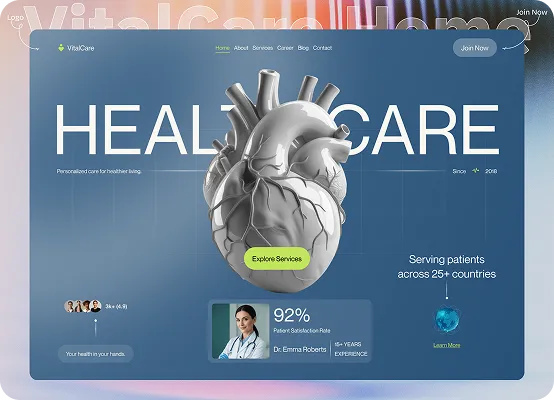 Healthcare webpage with a 3D heart model, patient satisfaction rate, and global service info.