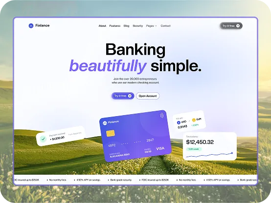 Banking website homepage with modern purple Visa card and account balance showing over $12,450.