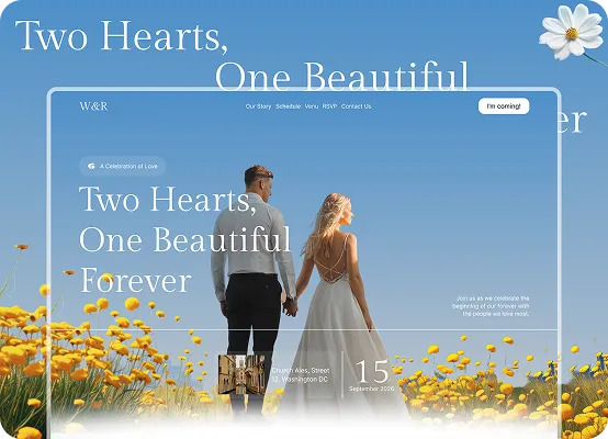 Couple holding hands in a field of yellow flowers with wedding event text on a blue sky background.