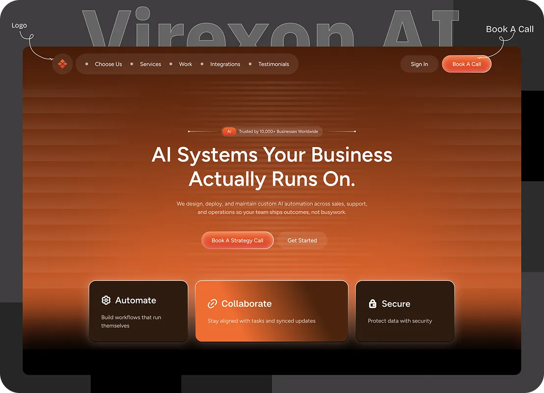 Website homepage showing AI business systems with options to automate, collaborate, secure, and book calls.