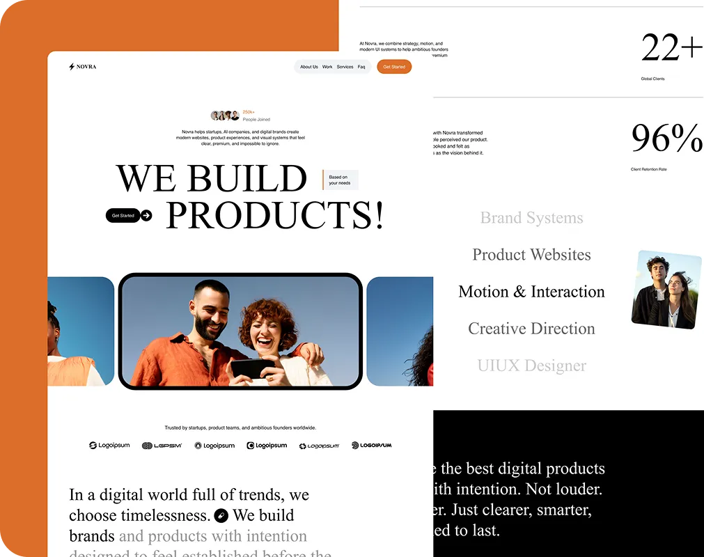 Website homepage showing 'We Build Products!' with images of smiling people, client stats, and service list.