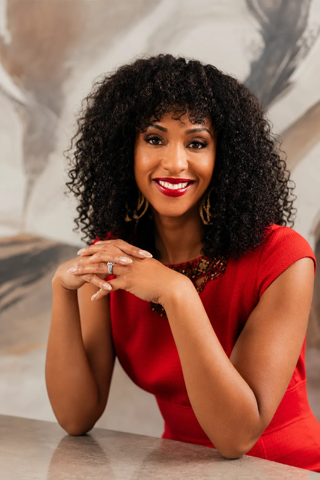 Shariyfa Polite smiling in a red dress