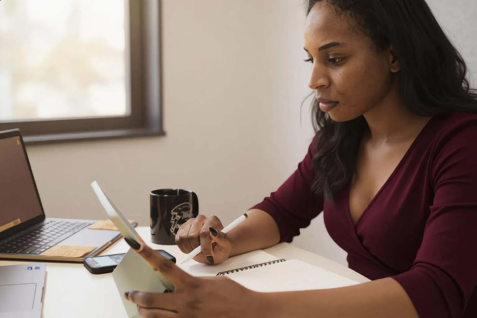 Woman reflecting while writing at a desk