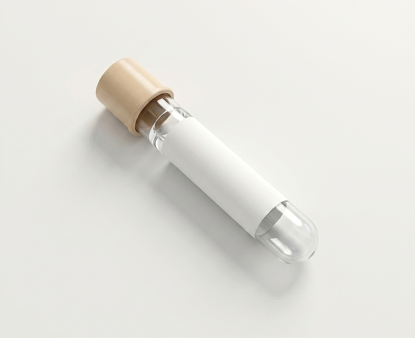 Clear test tube with beige cap and blank white label on a pale surface.
