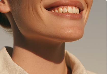 Close-up of a smiling person's mouth and chin with natural lighting and a beige collar.