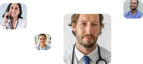 Portraits of five diverse healthcare professionals wearing medical attire and stethoscopes.