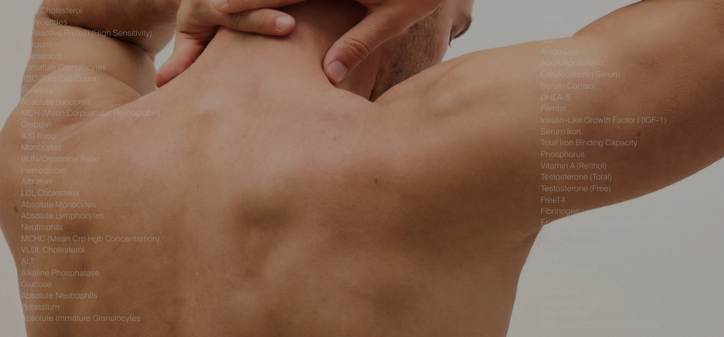 Back view of a muscular man touching his neck with both hands, blurred medical text overlay.
