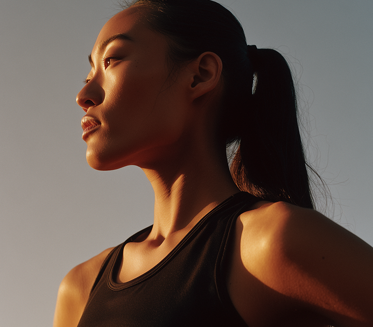 Side profile of a focused woman athlete with a ponytail, wearing a black tank top in warm sunlight.