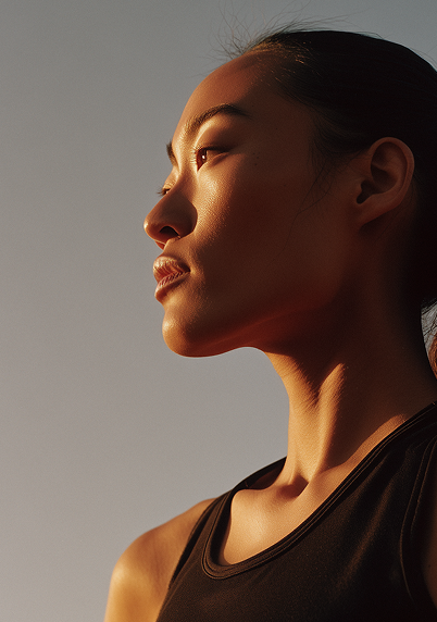 Side profile of a woman bathed in warm sunset light wearing a black top, looking determinedly ahead.