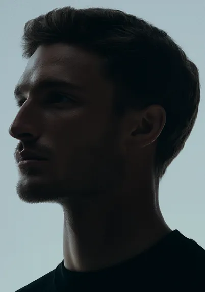 Side profile of a young man with short hair and facial hair against a plain light background.