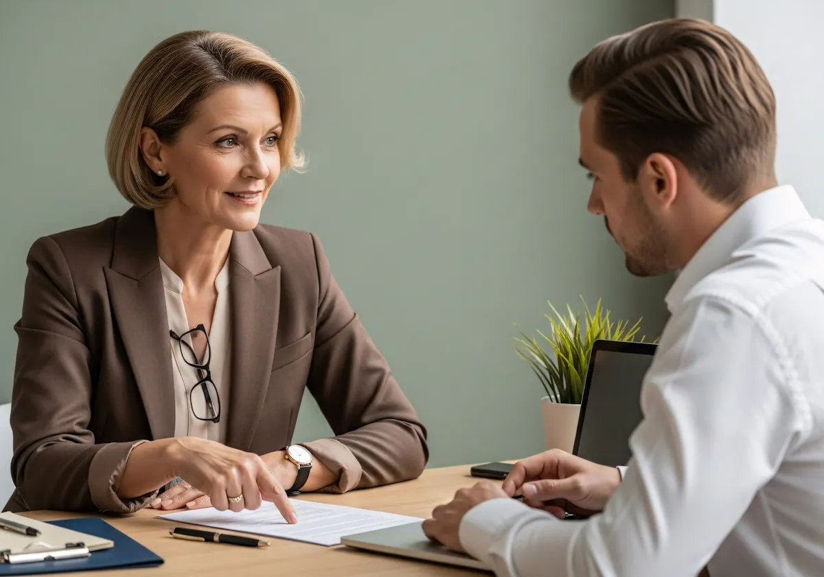 A professional woman in a brown blazer points to a document on a desk while speaking to a man in a white shirt who listens attentively with a laptop in front of him.