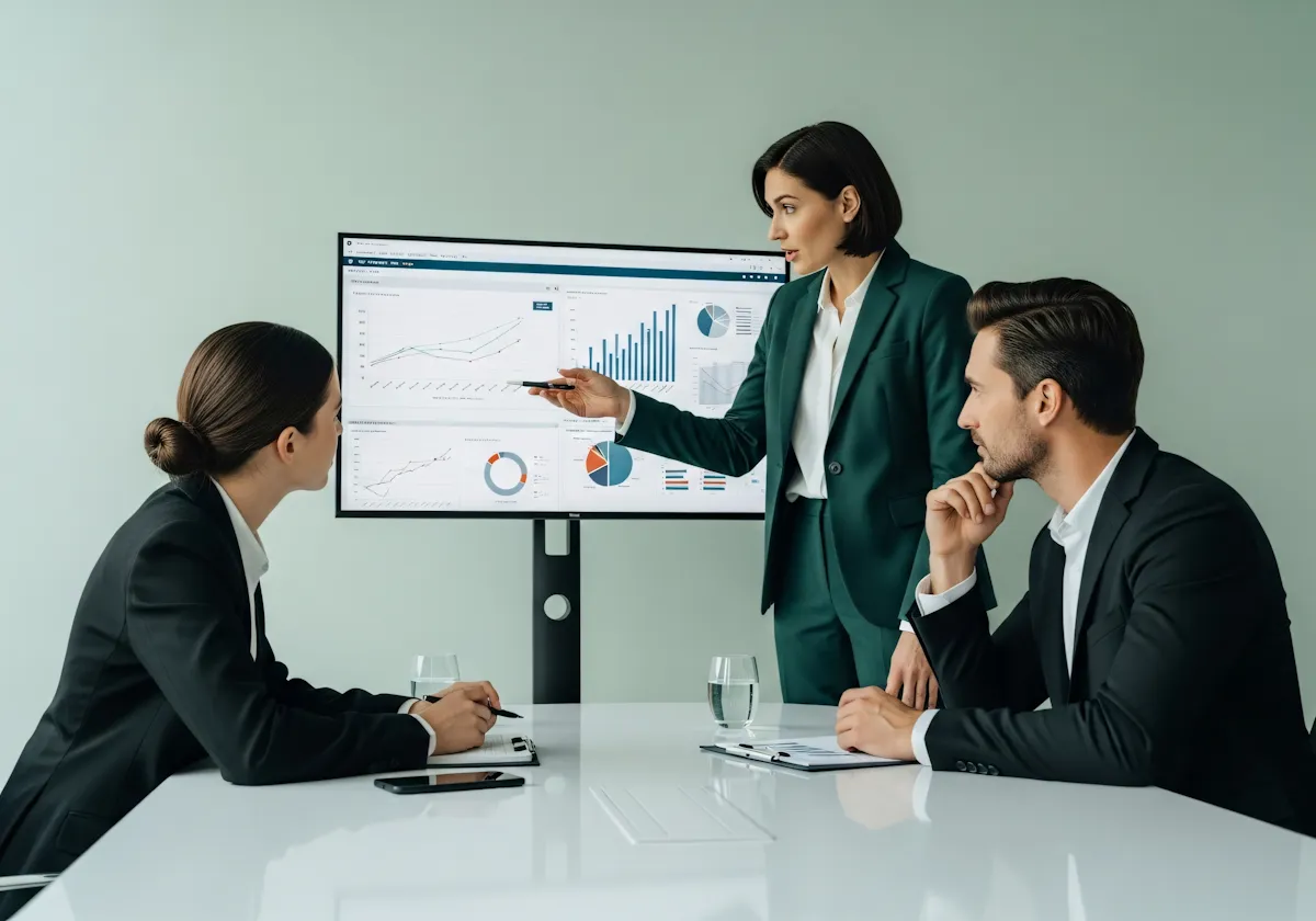 Three business professionals in a meeting room: one standing woman in a green suit points at charts with graphs and pie charts on a screen, while a seated woman and a man in dark suits attentively listen and take notes.