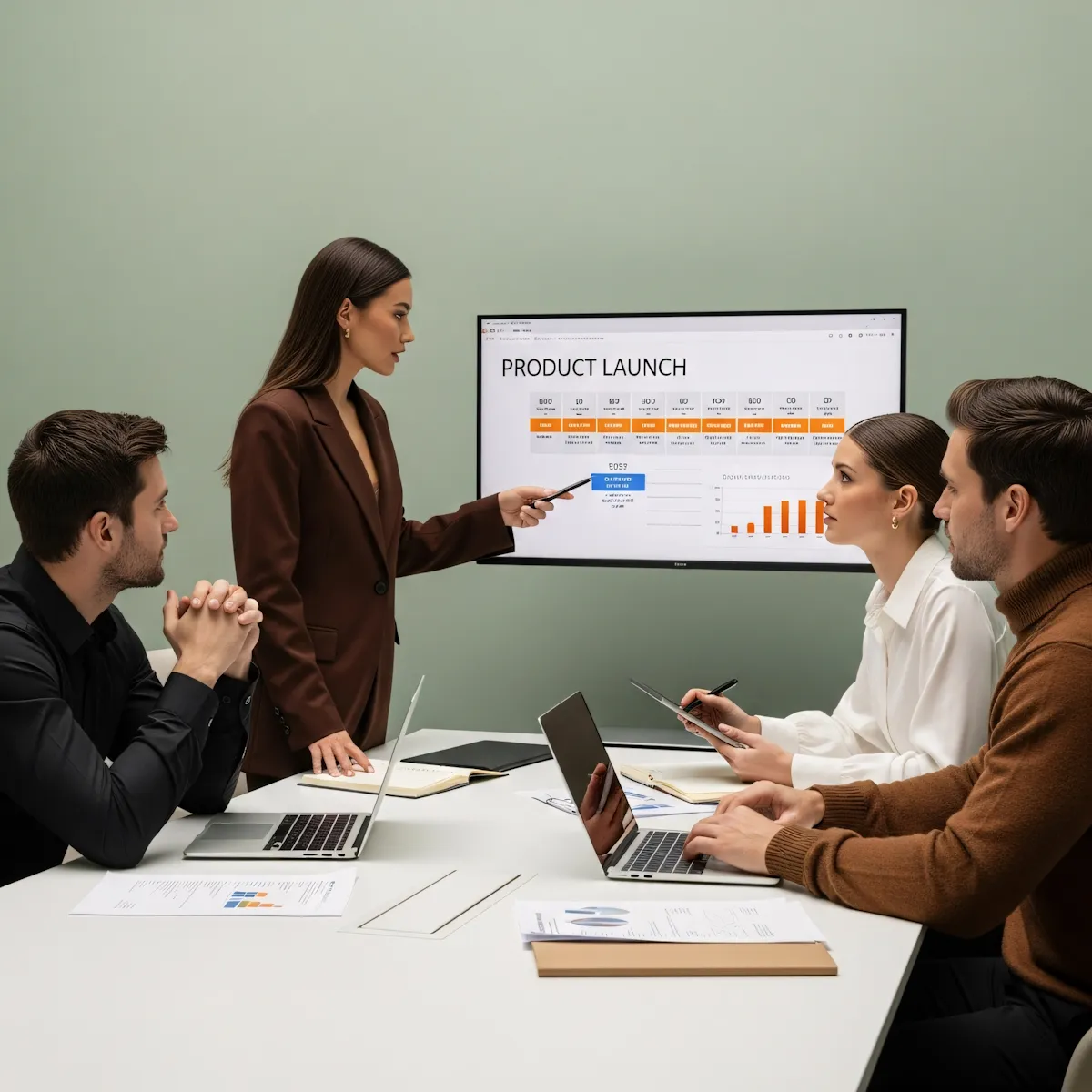Four professionals in a meeting room with laptops and notebooks, a woman in a brown blazer pointing at a screen displaying a 'Product Launch' presentation with charts and timelines, while three others attentively listen and take notes.