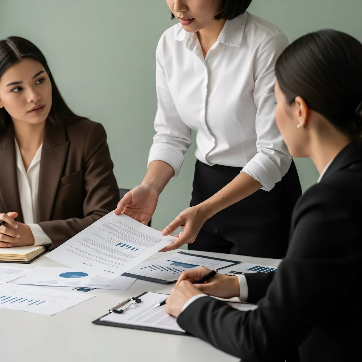 Three businesswomen in a meeting reviewing documents with charts and graphs at a white table, one woman standing and handing a paper to another seated woman who is taking notes.