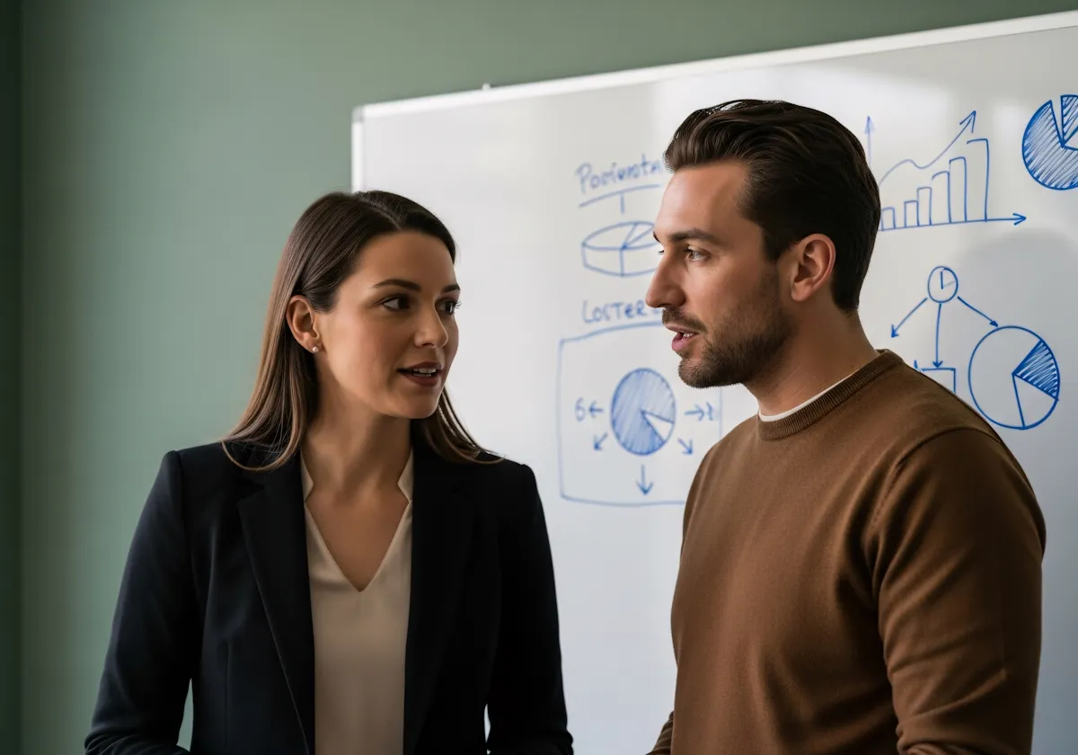 A man and a woman engaged in a professional discussion in front of a whiteboard with blue marker charts and diagrams.