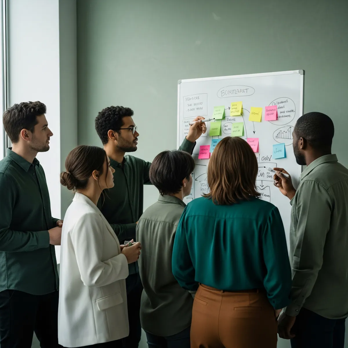 A diverse team of six people standing and discussing ideas in front of a whiteboard covered with colorful sticky notes and handwritten diagrams during a brainstorming session.