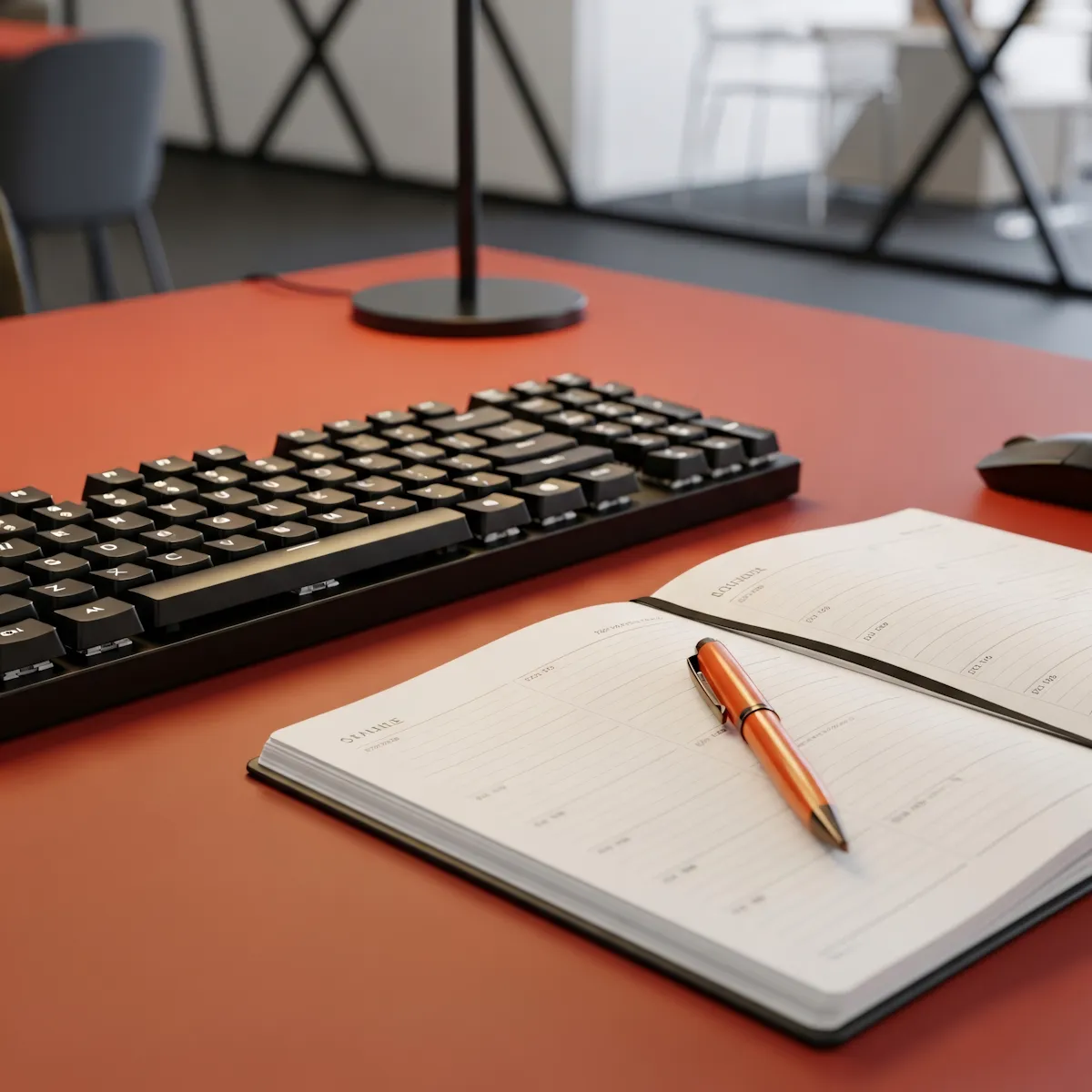 Open planner with an orange pen on a red desk next to a black computer keyboard and a mouse in a modern office setting.